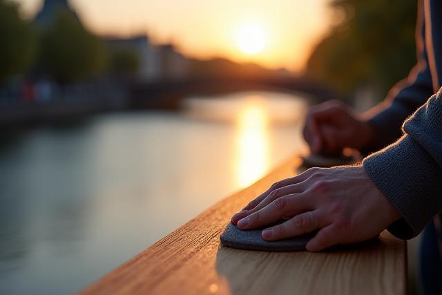 A tranquil view of the River Liffey in Dublin at golden hour, juxtaposed with the hands of a craftsman working on a bespoke vanity, symbolizing the blend of nature and artistry.