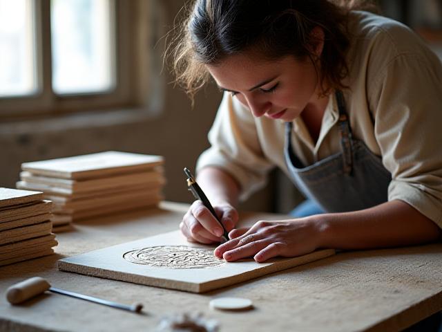 Skilled artisan meticulously etching a complex design onto a tile in a well-lit workshop