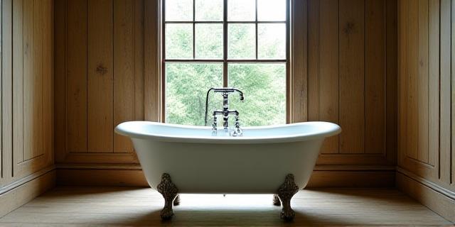 Restored antique clawfoot bathtub with new bespoke wooden paneling in a country manor bathroom.