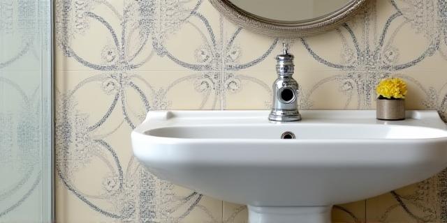 Hand-etched calligraphy-inspired tiles and a traditional pedestal sink in a Georgian home bathroom.
