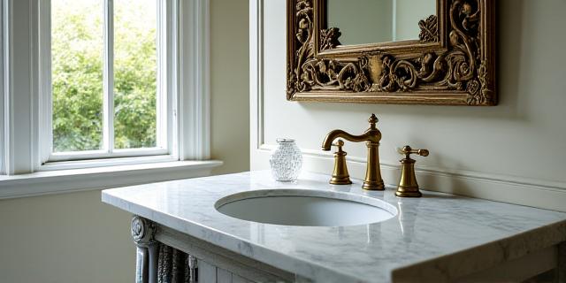 Custom marble vanity and brass fixtures in a Victorian Townhouse bathroom renovation in Ranelagh.